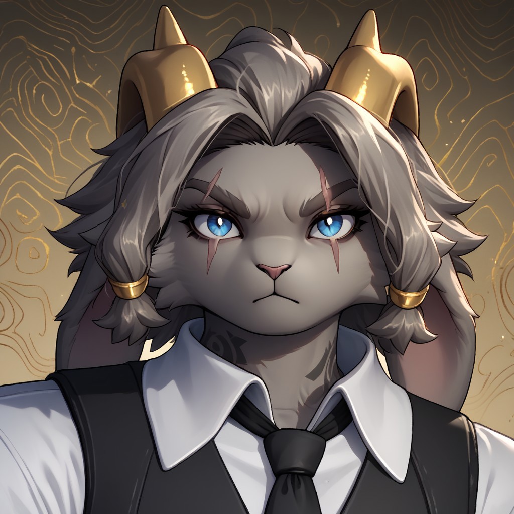 score_9, score_8_up, score_7_up, score_6_up, score_5_up, score_4_up, source_furry
anthro, solo, portrait, scar, brown hair, brown eye, tattoo, cat ears, gold hands, black necktie, black vest, white collared shirt,
BREAK
detailed background, office, (side view)
sybil (pseudoregalia), grey fur, grey hair, bangs, blue eyes, floppy ears, jackalope, shawl, golden horns