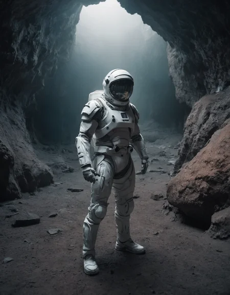 a beautiful cinematic photo of an astronaut in white futuristic cybernetic armor made out of soft fabric in a dark cave, volumetric fog, godrays, high contrast, vibrant colors, vivid colors, high saturation, wide angle, vertical orientation, eroded cliffs, crumbling edges, treacherous footing, panoramic vistas