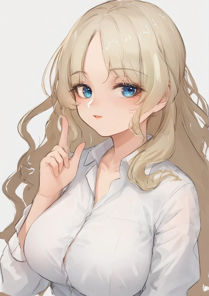 1girl, diana cavendish, huge breast, blue eyes, collared shirt, hand up, long hair, looking at viewer, shirt, sketch, solo, spot color, upper body, wavy hair, zPDXL3 <lora:IceNight:1>