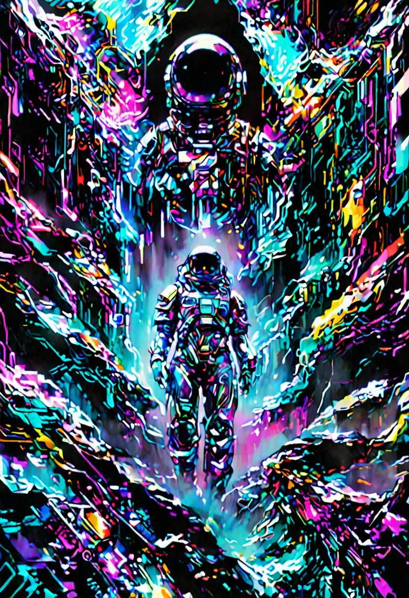 a beautiful artwork illustration, concept art sketch of an astronaut in white futuristic cybernetic armor in a dark cave, volumetric fog, godrays, high contrast, vibrant colors, vivid colors, high saturation, by Greg Rutkowski and Jesper Ejsing and Raymond Swanland and alena aenami, featured on artstation, wide angle, vertical orientation, eroded cliffs, crumbling edges, treacherous footing, panoramic vistas, <lora:detailed_notrigger:1>