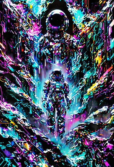 a beautiful artwork illustration, concept art sketch of an astronaut in white futuristic cybernetic armor in a dark cave, volumetric fog, godrays, high contrast, vibrant colors, vivid colors, high saturation, by Greg Rutkowski and Jesper Ejsing and Raymond Swanland and alena aenami, featured on artstation, wide angle, vertical orientation, eroded cliffs, crumbling edges, treacherous footing, panoramic vistas, <lora:detailed_notrigger:1>