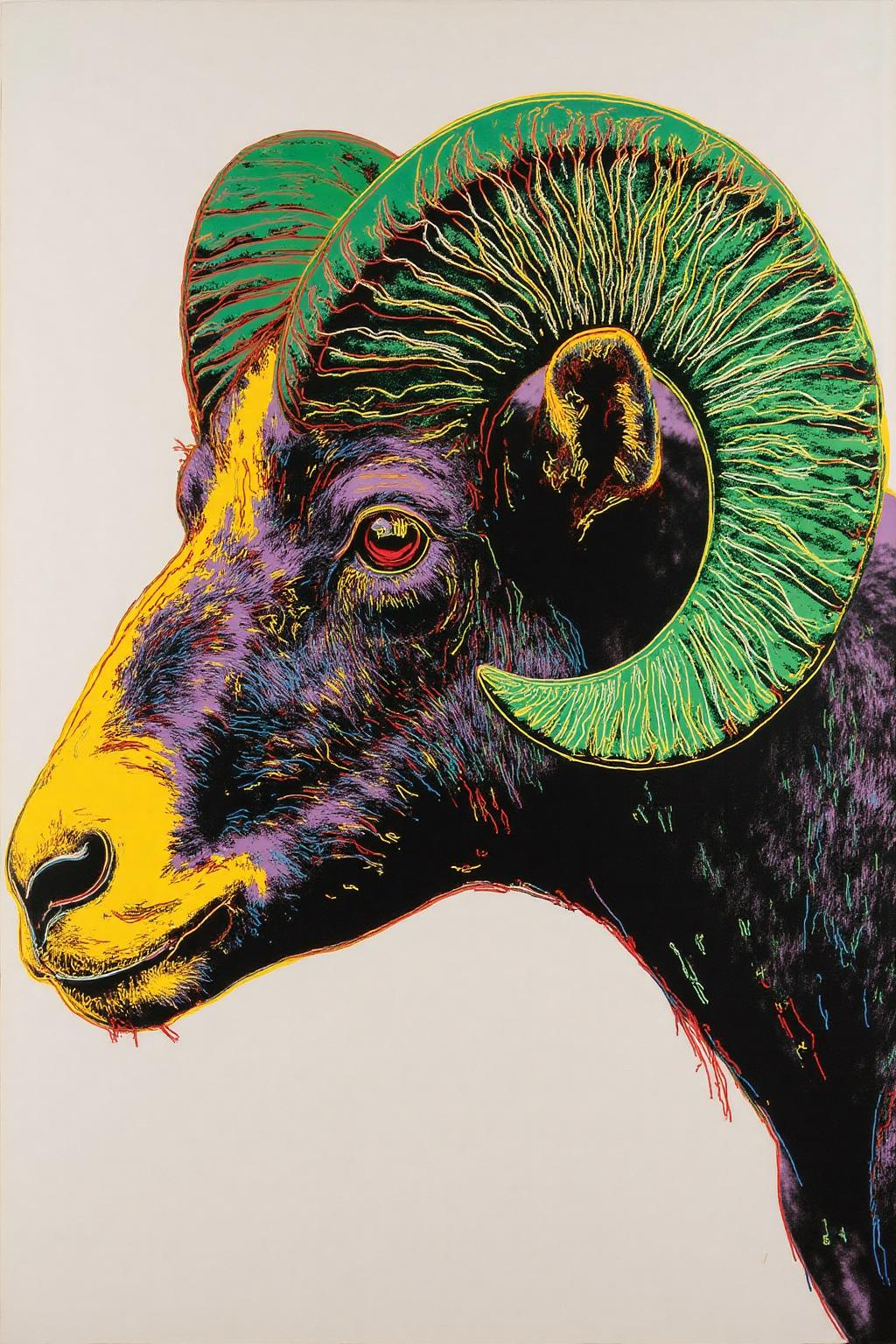 andywarhol1 illustration.
A close-up portrait of a bighorn sheep's head.
 <lora:andywarhol1_cap_d6a3:1.0><lora:836295240223577980:0>