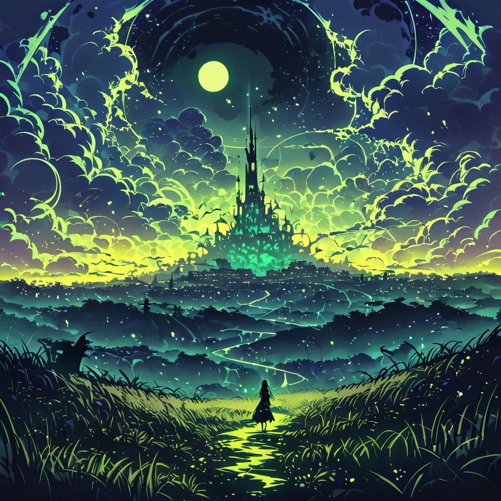 Very wide angle shot, big moon, big landscape, serene night, beautiful sky, Complex landscape, grassland, ocean, swirling mists and ghostly apparitions. Glowing will-o'-the-wisps Color temperature: Moody and deep . Lighting: Flickering torches casting long shadows. Atmosphere: goth horror. --v 5 --stylize 1000