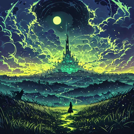 Very wide angle shot, big moon, big landscape, serene night, beautiful sky, Complex landscape, grassland, ocean, swirling mists and ghostly apparitions. Glowing will-o'-the-wisps Color temperature: Moody and deep . Lighting: Flickering torches casting long shadows. Atmosphere: goth horror. --v 5 --stylize 1000