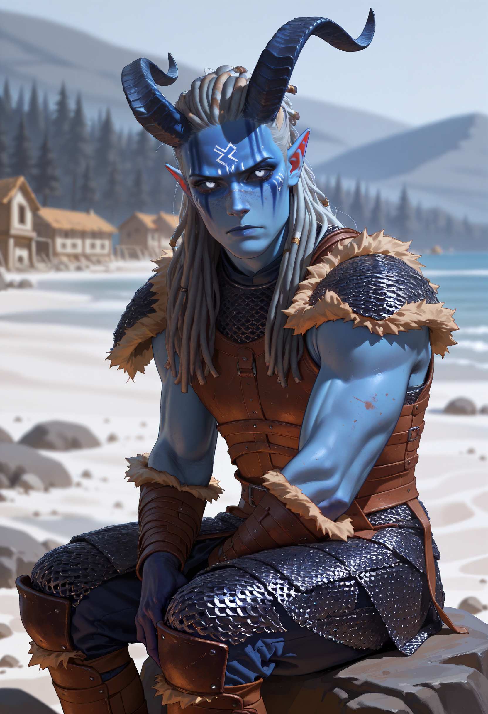(high_quality, newest, incredibly_absurdres, very aesthetic, zbrush_\(artwork\), digital_painting_\(artwork\), flat_colors, anime_coloring)
(HVC-Illu, sitting on a rock, beach, winter, serious, blue_lips, solo, runes facial tattoos, (black facepaint), bloody, runes, warpaint, village, medieval_fantasy, viking, ship, gradient bodypaint, bloody_face, black_sclera, white_pupils, mature_male, horns, dreadlocks, colored skin, dirty, blue_highlights, solo, blue skin, pointy ears, white eyes, long hair, portrait, chest, fur_trim, looking at viewer, muscular_male, (chainmail, black_armor), leather_armor, male focus, [white demon horns], closed mouth, 1boy, grey_hair, freckles)