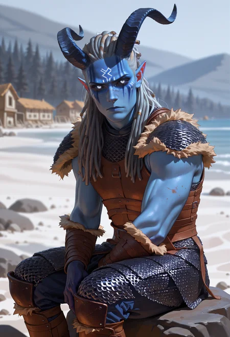 (high_quality, newest, incredibly_absurdres, very aesthetic, zbrush_\(artwork\), digital_painting_\(artwork\), flat_colors, anime_coloring)
(HVC-Illu, sitting on a rock, beach, winter, serious, blue_lips, solo, runes facial tattoos, (black facepaint), bloody, runes, warpaint, village, medieval_fantasy, viking, ship, gradient bodypaint, bloody_face, black_sclera, white_pupils, mature_male, horns, dreadlocks, colored skin, dirty, blue_highlights, solo, blue skin, pointy ears, white eyes, long hair, portrait, chest, fur_trim, looking at viewer, muscular_male, (chainmail, black_armor), leather_armor, male focus, [white demon horns], closed mouth, 1boy, grey_hair, freckles)