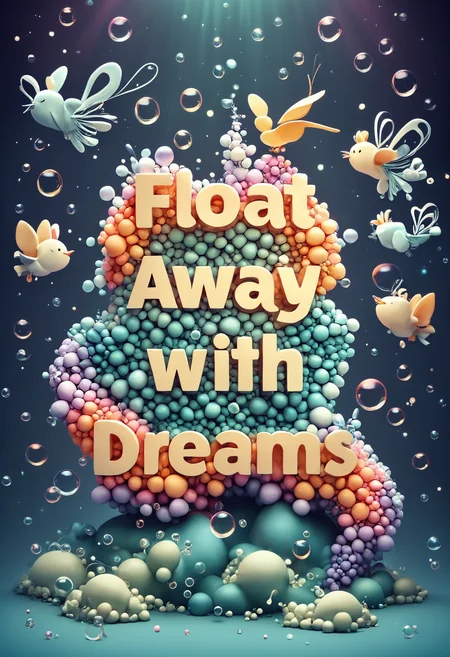 text "Float Away with Dreams", animals made of bubbles floating . silhouette, clean cuts, paper, sharp edges, minimalist, color block, colorful, surreal, dramatic, amazing composition, elegant, sharp focus, highly detailed, cinematic light, professional still, intricate, fantastic colors, perfect background, stunning fine detail, creative, positive energetic, cheerful, unique, beautiful, cute, hopeful, pure, fancy, full color, inspired, vibrant, glowing