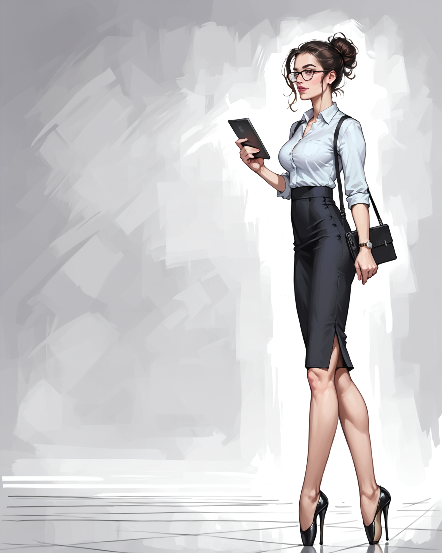 <lora:d3t41l3dXLP:0.9> <lora:1dkXLP:0.3> <lora:officialpit_v2-8:0.3><lora:add-detail-xl:1.1><lora:Model_2:0.25><lora:lowlight:0.1><lora:princess_xl_v2:0.2><lora:ballet-boots_v0009-000030:1.0> score_9, score_8_up, score_7_up, high quality, (realistic:1.1), (1girl:1.1), (walking:1.1), glasses, looking to the side, angular face, hair bun, large breasts, tiny waist, (slim:1.2), pale skin, black (office attire:1.1), long skirt, tight clothing, (pantyhose:1.1), (ballet-boots:1.1) (pumps:1.1), holding tablet, BREAK, large dark room, drab concrete, dim lighting, (plants:0.8), tile floor, (wide shot:1.1), from side