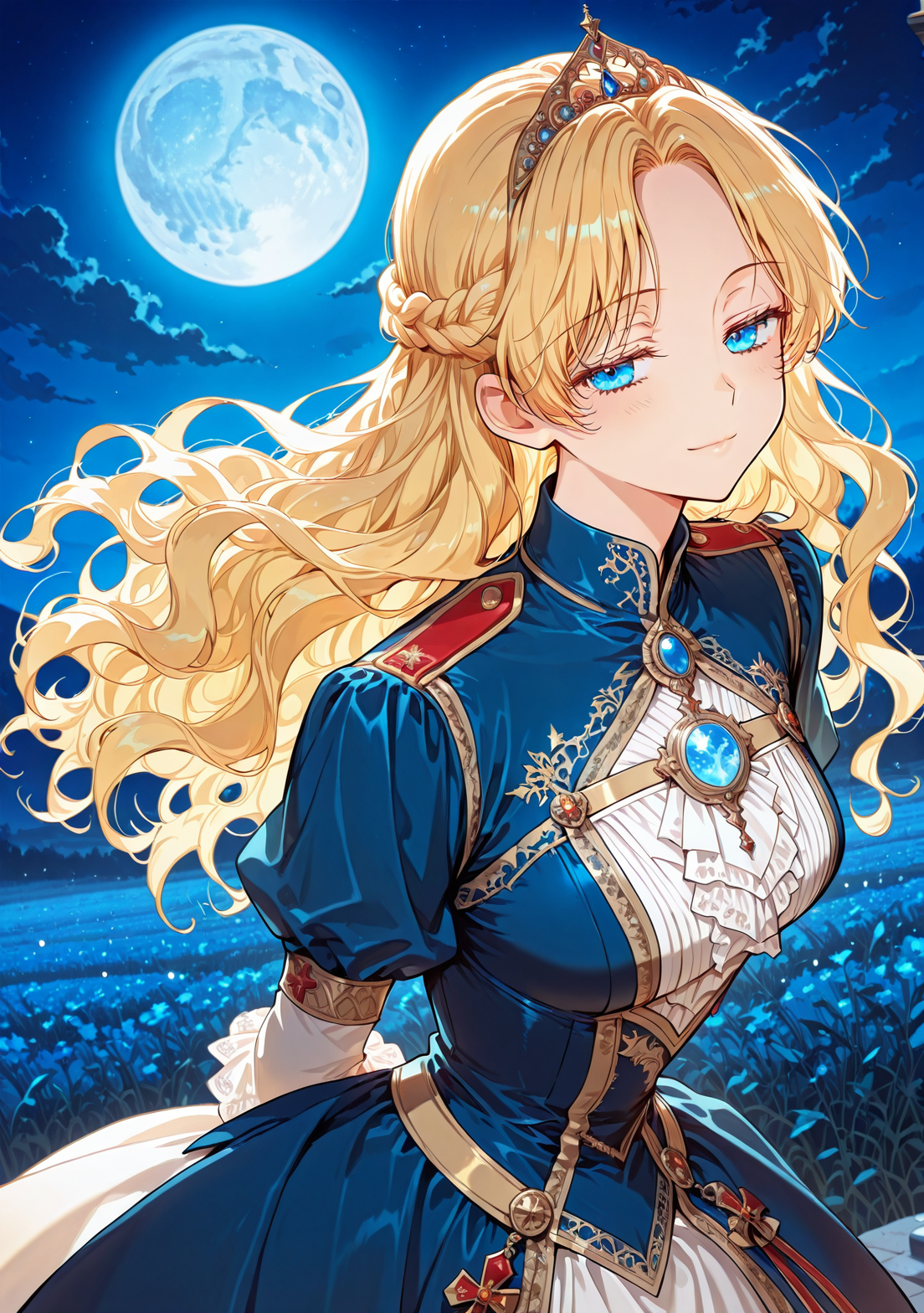 <lora:Athanasia_r1:1>
1 girl, solo, princess, blue eyes, blonde hair, long hair, wavy hair, french braid, bangs, parted bangs
score_9, score_8_up, score_7_up, very aesthetic, source_anime, detailed, high quality, beautiful, masterpiece, detailed eyes, field, blurry background, pose dynamic angle, upper body, cowboy shot, light smile, floating hair, half-closed eyes, hands behind back, leaning forward, looking forward, looking at viewer, night, blue moon, <lora:iLLMythG0thicL1nes:1>
