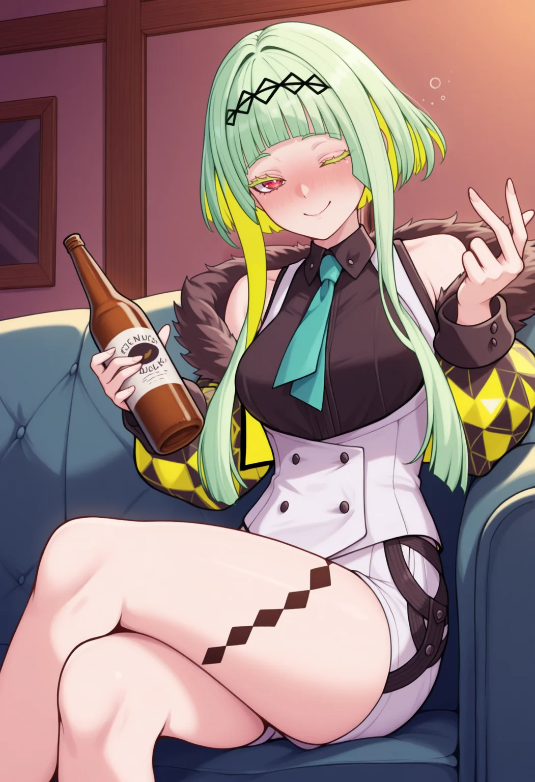 masterpiece, best quality, solo, 1girl, smile, looking at viewer, <lora:Ringo-illus_Fp:1>, ringosh2, short hair with long locks, red eyes, green hair, colored inner hair, colored eyelashes, hairband, collared shirt, white vest, white shorts, necktie, black shirt, cropped jacket, fur trim, off shoulder, body markings, sitting, crossed legs, beckoning, holding beer bottle, indoors, one eye closed, couch, drunk,