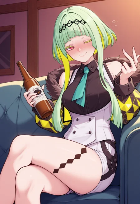 masterpiece, best quality, solo, 1girl, smile, looking at viewer, <lora:Ringo-illus_Fp:1>, ringosh2, short hair with long locks, red eyes, green hair, colored inner hair, colored eyelashes, hairband, collared shirt, white vest, white shorts, necktie, black shirt, cropped jacket, fur trim, off shoulder, body markings, sitting, crossed legs, beckoning, holding beer bottle, indoors, one eye closed, couch, drunk,