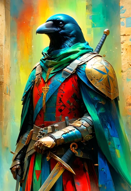 powerful artistic vision of Corvidfolk, warrior, armor, cape, holding a sword, holding weapon, colorful red armor, green and blue cape, vibrant alcohol ink and, geometric patterns and glowing symbols, in the style of Ashley Wood, in the style of Leonardo DaVinci, of shifting light, energies intertwining, Volumetric and synthetic, enigmatic, Alienesque and enigmatic, suspended, melancholic and, with protruding sharp edges masterpiece, beautiful, best quality, absurd resolution, 8k, uhd, extreme details. breathtaking masterpiece made by great artist. best quality, high resolution, psychedelic style Corvidfolk, warrior, armor, cape, holding a sword, holding weapon, colorful red armor, green and blue cape, vibrant alcohol ink and, geometric patterns and glowing symbols, in the style of Ashley Wood, in the style of Leonardo DaVinci, of shifting light, energies intertwining, Volumetric and synthetic, enigmatic, Alienesque and enigmatic, suspended, melancholic and, with protruding sharp edges masterpiece, beautiful, best quality, absurd resolution, 8k, uhd, extreme details . vibrant colors, swirling patterns, abstract forms, surreal, trippy