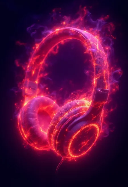A pair of headphones completely engulfed in flames, inferno, blazing, concept art, masterpiece, perfect lighting, purple flames, 4k, absurdres,