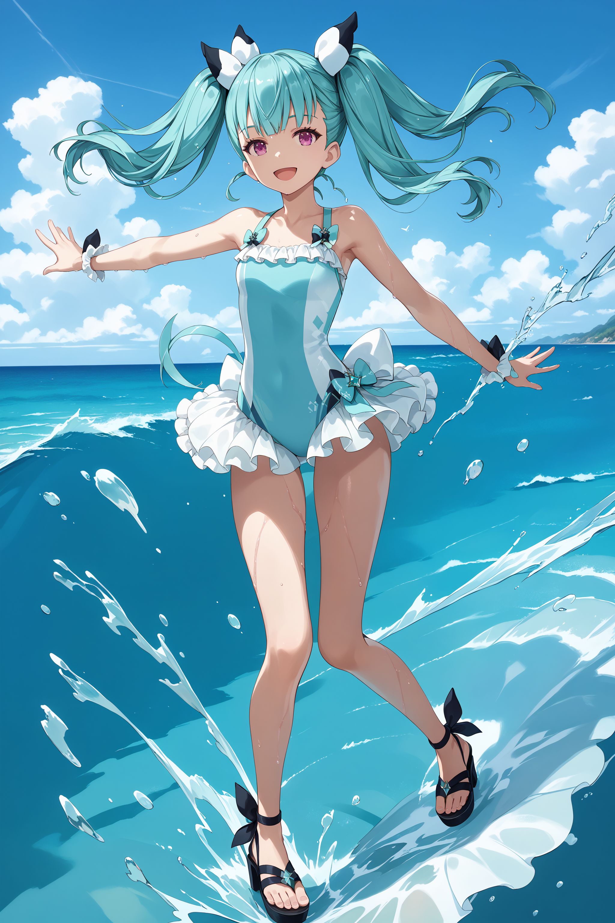 score_max, (score_9, score_8_up, score_7_up:1.2), score_6_up, official art, source_anime,
, masterpiece, absurdres, high detail, 8k,
sea, ocean, blue sky,
sprinkle water, splashing, smile, open mouth, :d, wet,
, solo, ddphibachi, aqua hair, hair bow, twintails, quad tails, one-piece swimsuit, frills, sandals
<lora:XL_Pony_gomaotsu-hibachi-t3:1.0>