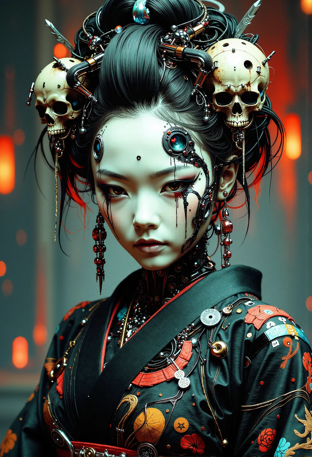 A cybernetic geisha in a traditional kimono, adorned with intricate hair decorations including a skull, stands in the center of the image. Her pale, artificial face is emotionless, (with dark, dripping lines under her eyes:1.5). . The background is a blend of eerie and mesmerizing, fusing traditional Japanese aesthetics with cyberpunk elements to create a surreal, dystopian atmosphere. deep depth of field, photography, Natural geographic photo, Hyper-realistic, 16k resolution, (masterpiece, award winning artwork), many details, extreme detailed, full of details, Wide range of colors, high Dynamic, grimdark, mythp0rt, FredFraiStyle, mad-cybrpnkimprss, painting <lora:- Flux1 - vanta_black_V1.0.safetensors:0.5>, <lora:frazetta_flux_v2-000150.safetensors:0.5>, <lora:FluxMythP0rtr4itStyle.safetensors:0.5>, <lora:Neon_Cyberpunk_Impressionism_FLUX.safetensors:0.5>, <lora:ARTifacts.safetensors:0.5>, <lora:Movie_Portrait.safetensors:0.5>,