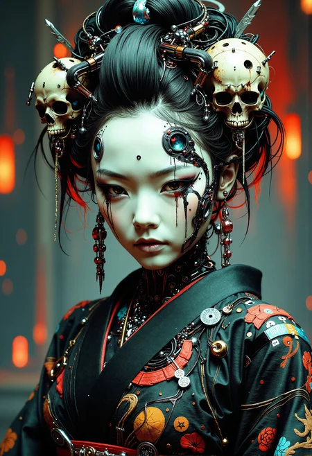 A cybernetic geisha in a traditional kimono, adorned with intricate hair decorations including a skull, stands in the center of the image. Her pale, artificial face is emotionless, (with dark, dripping lines under her eyes:1.5). . The background is a blend of eerie and mesmerizing, fusing traditional Japanese aesthetics with cyberpunk elements to create a surreal, dystopian atmosphere. deep depth of field, photography, Natural geographic photo, Hyper-realistic, 16k resolution, (masterpiece, award winning artwork), many details, extreme detailed, full of details, Wide range of colors, high Dynamic, grimdark, mythp0rt, FredFraiStyle, mad-cybrpnkimprss, painting <lora:- Flux1 - vanta_black_V1.0.safetensors:0.5>, <lora:frazetta_flux_v2-000150.safetensors:0.5>, <lora:FluxMythP0rtr4itStyle.safetensors:0.5>, <lora:Neon_Cyberpunk_Impressionism_FLUX.safetensors:0.5>, <lora:ARTifacts.safetensors:0.5>, <lora:Movie_Portrait.safetensors:0.5>,
