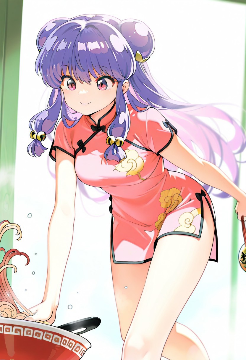 masterpiece, best quality,
shampoo, 1girl, solo, pink eyes, purple hair, knee-length hair, double hair bun, hair ornament, hair bell, sidelocks, bangs, fringe and two strands hanging in front,
outfit_remake, chinese clothes, ((side slit)), slender legs, 
riding a bicicle, ramen in one hand, smile