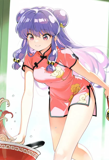 masterpiece, best quality,
shampoo, 1girl, solo, pink eyes, purple hair, knee-length hair, double hair bun, hair ornament, hair bell, sidelocks, bangs, fringe and two strands hanging in front,
outfit_remake, chinese clothes, ((side slit)), slender legs,
riding a bicicle, ramen in one hand, smile
