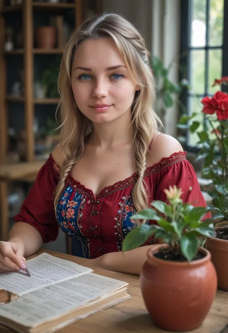 <lora:RPGHerbalist:1> (herbalist:1.1), blurry background, red blouse with flower print, looking at viewer, depth of field, (realistic:1.1), (working at her desk:1.3), jar, potted plant, plant, shirt, smile, wavy hair, mug, bowl, apple, bare shoulders, blonde hair, blue eyes, braid, shot with Nikon D850 SLRQ with 100mm lens and aperture F 2 framing her but with shallow depth of field, intricate detail, dark environment,
