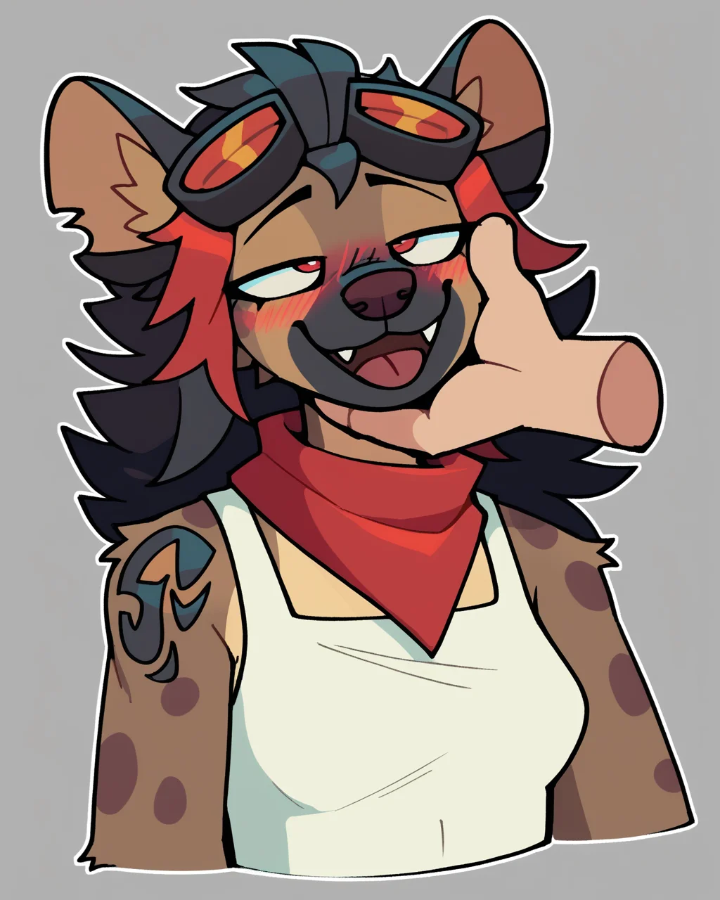 score_9_up, score_8_up, score_7_up, score_6_up, by remanedur, half-length portrait, black hair, red highlights, multicolored hair, medium breasts, furry female, red eyes, female, furry, hyena, looking up, happy, blush, smile white tank top, shoulder tattoo, long hair, markings, red neckerchief, shorts, midriff, tail, brown body, solo, narrowed eyes, disembodied hand, petting, petting head, head pat, open mouth, panting, looking pleasured,  tongue out,  goggles on head, smile, notched ear,  three-quarter view, head tilt, simple background, white outline, <lora:Leah_Pines(AIM)_XL_v1:0.15> <lora:PDXL_artist_tags_v2_big:0.5> <lora:The-Minuscule-Task_PDXL_v1.0:0.6>  <lora:Robin_zorronine:0.55>