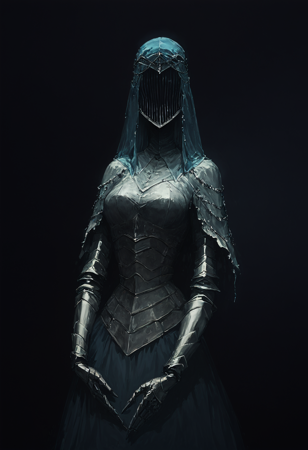 score_9, score_8_up, score_7_up, <lora:DancerOTBV:0.8> faceless, armor, helmet, veil, gauntlets, medieval, dark theme, silver trim,  <lora:Dark Pony:0.7> Dark style