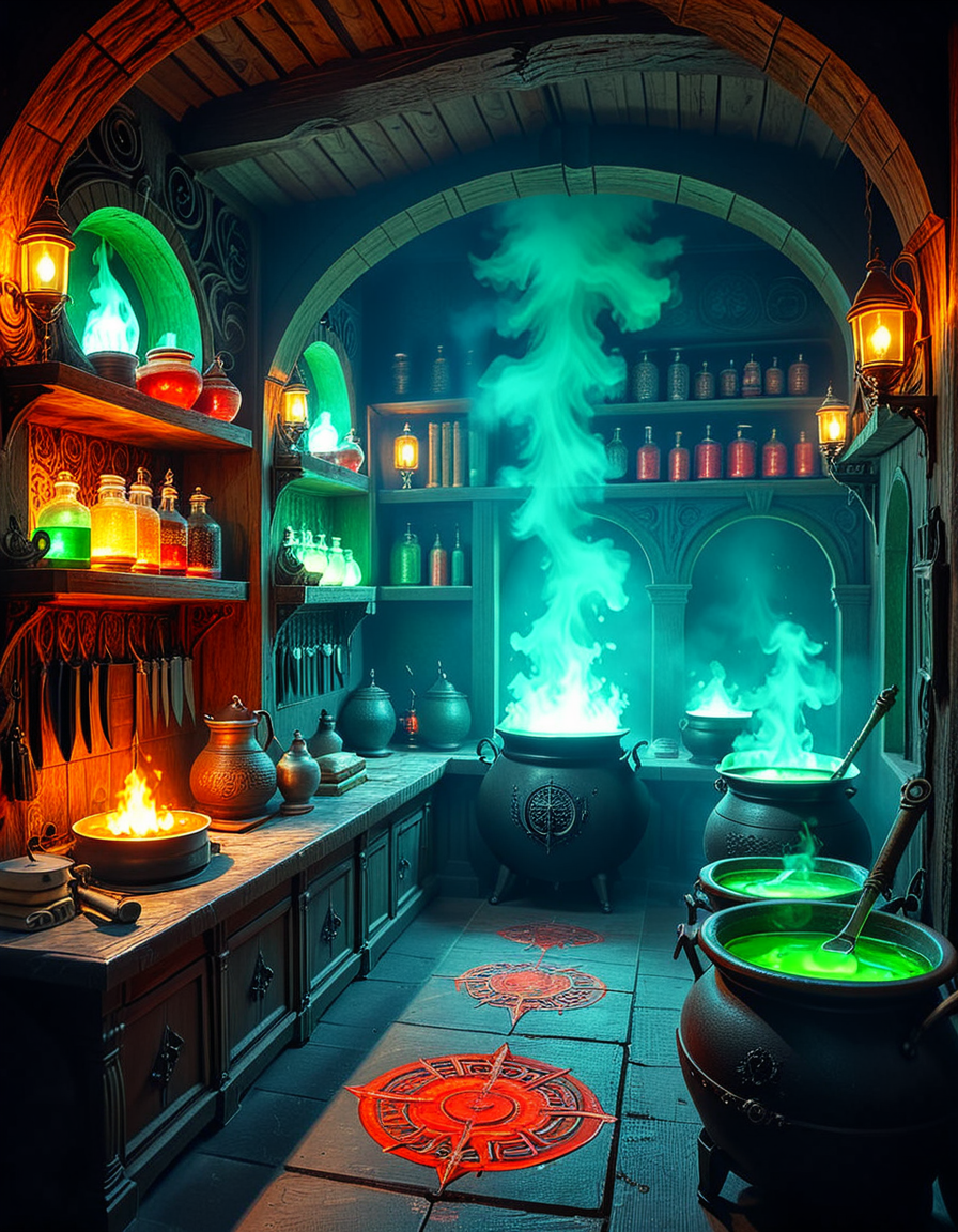 Hidden deep within the necromancerâs infernal domain lies a nightmarish kitchen, a grotesque fusion of alchemical laboratory and sacrificial chamber. The walls are carved from blackened bone and obsidian, pulsating faintly with necrotic energy. Faint green flames flicker in sconces made from twisted skeletal hands, casting eerie shadows across the macabre workspace. The air is thick with the scent of decay, ash, and something far worseâan indescribable aroma of corruption and dark magic.
At the center, a massive butcherâs table, scarred and stained with centuries of dried blood, serves as the primary workstation. Rusted, jagged knives, bone saws, and crude flesh-carving tools hang from hooks, their edges glistening with fresh remnants of something recently prepared. Nearby, grotesque cauldrons bubble with viscous, unnatural liquidsâblack ichor, boiling crimson blood, and glowing green elixirs swirl together, each concoction releasing haunting whispers as if infused with trapped souls.
Suspended from the ceiling, enormous iron hooks hold skinned carcassesâsome humanoid, others unrecognizable abominations stitched together from various creatures. Skeletal constructs, animated by unseen forces, mindlessly tend to the kitchen, stirring bubbling cauldrons and grinding unknown ingredients into fine powders using ancient, rune-etched mortars and pestles.
Along the walls, towering shelves hold disturbing "ingredients" sealed in glass jars: floating, disembodied eyes that track movement, severed hands that twitch sporadically, and writhing black worms that exude a thick, putrid slime. Bundles of dried, withered herbsâsome glowing faintly with infernal energyâhang from the rafters, alongside strips of preserved flesh, their origins best left unspoken.
In one corner, a massive, rune-inscribed oven burns with an unnatural, ghostly blue flame. The heat does not come from firewood but from the tormented souls bound within, their agonized wails fueling its endless infernal blaze. A massive iron cauldron sits atop a cracked stone hearth, where a thick, bubbling stew churnsâits surface occasionally breaking as something beneath struggles, clawing weakly before sinking back into the depths.
This is not a place for feastingâit is a workshop of the grotesque, where ingredients are harvested, flesh is repurposed, and the very essence of undeath is distilled into unholy nourishment. No living creature eats hereâonly the dead, the damned, and the things that should not be.
Style & Mood :
- Dark fantasy, gothic horror, necromantic aesthetics
- Cinematic, high-detail, eerie lighting
- Infernal atmosphere, filled with shadows, glowing green and crimson energy, and grotesque details
- Inspired by the works of ZdzisÅaw BeksiÅski, H.R. Giger, and dark medieval sorcery
<lora:SDXLFaeTastic2400:0.4> <lora:extremely_detailed:0.4> extremely detailed, <lora:mysterious_4lch3my_sh0p:1> mysterious 4lch3my sh0p <lora:nightmarish_k1tch3n:1>,nightmarish k1tch3n, Masterpiece,best quality,hi res,8k,hi res,8k,award winning,(sharp focus, intricate, highly detailed),