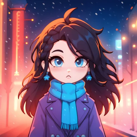 score_9, score_8_up, score_7_up, score_6_up, GELUGDD, GELUGDDGacha, Gacha, girl, black hair, long hair, braid, blue eyes, blue earrings, winter, evening, city, neon light, winter, evening, city, neon light, purple coat, blue scarf, cinematic lighting, golden hour lighting, volumetric lighting, city streets, hair fluttering in the wind, dynamic lighting, half body, dynamic pose