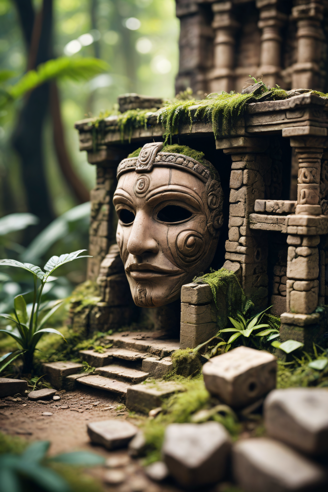 tilt-shift photo of  Ancient jungle ruins with a morphing mask. In an absurd situation. selective focus, miniature effect, blurred background, highly detailed, vibrant, perspective control