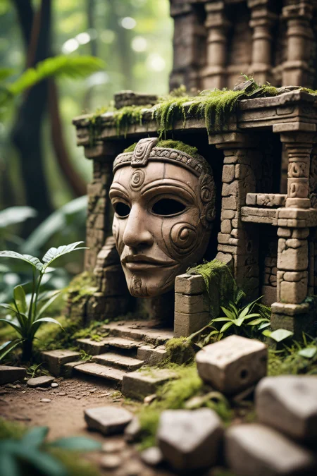 tilt-shift photo of  Ancient jungle ruins with a morphing mask. In an absurd situation. selective focus, miniature effect, blurred background, highly detailed, vibrant, perspective control