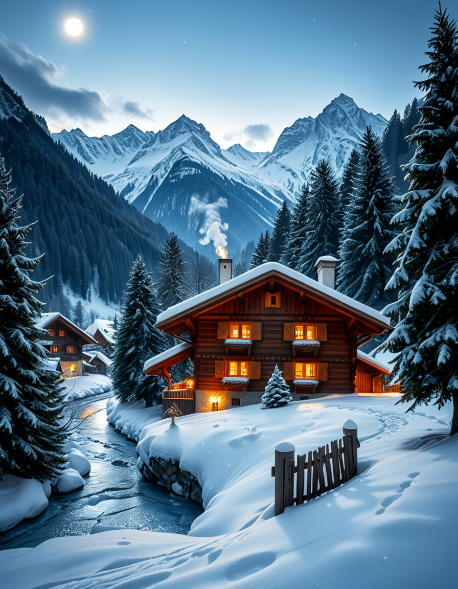 A stunning winter scene in the Tyrol region of Austria. A charming wooden chalet with traditional alpine architecture stands on a gentle snow-covered slope, surrounded by dense evergreen forests blanketed in fresh snow. The chaletâs warm interior lights glow softly through its large windows, creating a cozy contrast against the cool twilight hues of the sky. A plume of smoke drifts from the chimney, hinting at a roaring fireplace inside. In the foreground, a small wooden fence is partially buried under the snow, while a frozen river winds through the valley, reflecting the moonlight. Towering, snow-capped peaks of the Austrian Alps dominate the background, adding a breathtaking sense of grandeur. Snowflakes gently fall, adding movement and depth to the peaceful, picturesque scene. The image is hyper-realistic, capturing the intricate textures of the wood, snow, and ice, with cinematic lighting that highlights the magical winter ambiance.
<lora:SDXLFaeTastic2400:0.4> <lora:extremely_detailed:0.4> extremely detailed,<lora:winter_scene_in_the_Tyr0l:1>,winter scene in the Tyr0l, Masterpiece,best quality,hi res,8k,hi res,8k,award winning,(sharp focus, intricate, highly detailed),
