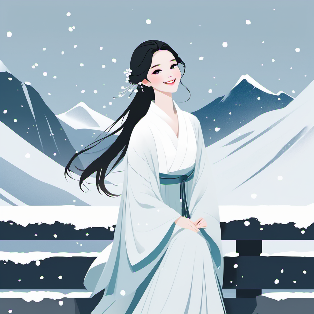 minimalism,1girl, beautiful, smileï¼white hanfu, snowing, mountain, snowflakes, <lora:minimalism:0.9>