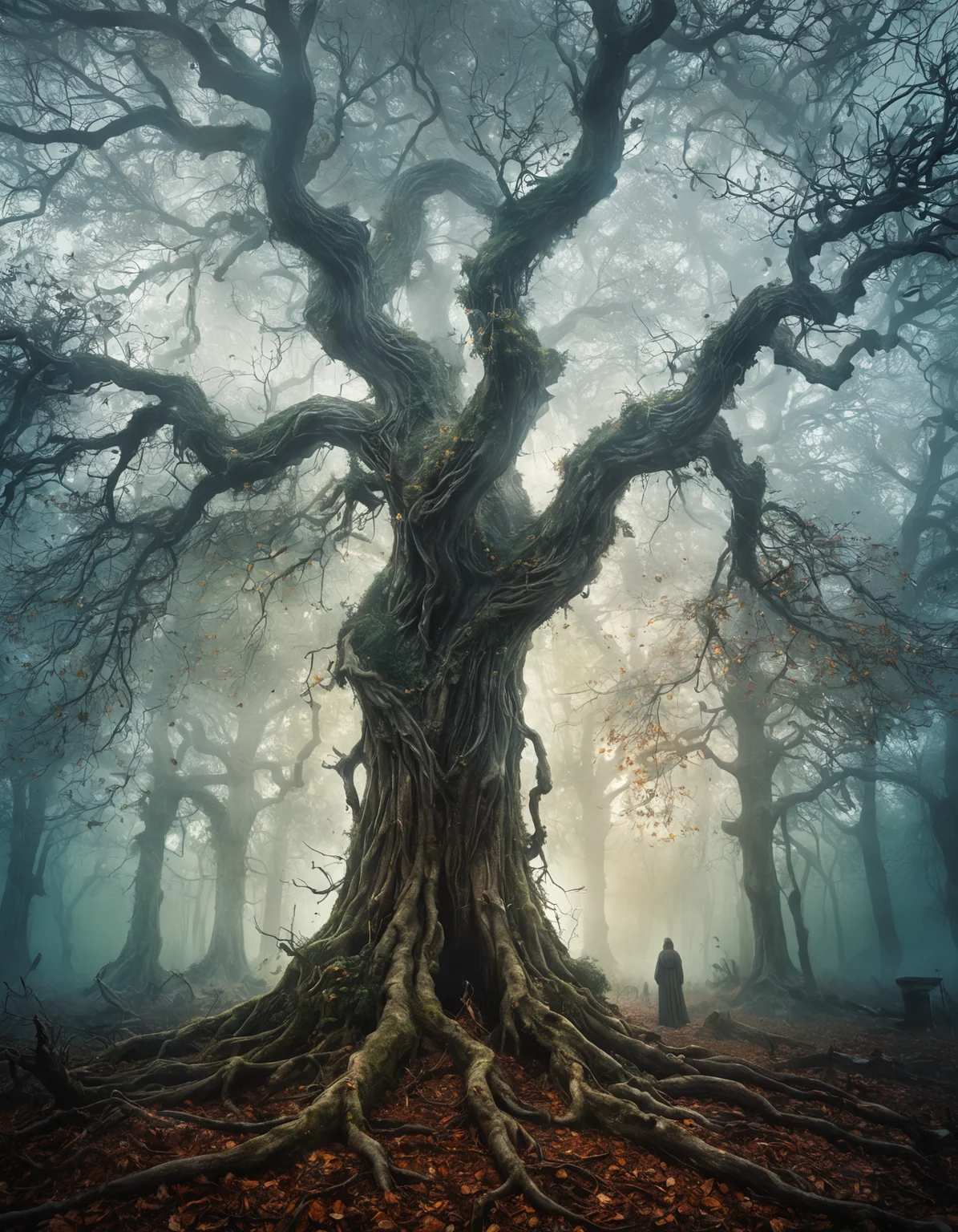 highly detailed and hyper realistic photo, by Marc Simonetti , by Alan Schaller , by Dimitra Milan , a double exposure, a ghostly tree formed as an angel, dense fog, ethereal atmosphere , in the style of gloomy monastic sombre, limited dark palette, unusual dark colors, faded colors, atmospheric haze, highly dramatic cinematic lighting, motion blur, film grain, professional, excellent composition, finest details, maximized details, ultimate detail level, masterpiece, best quality