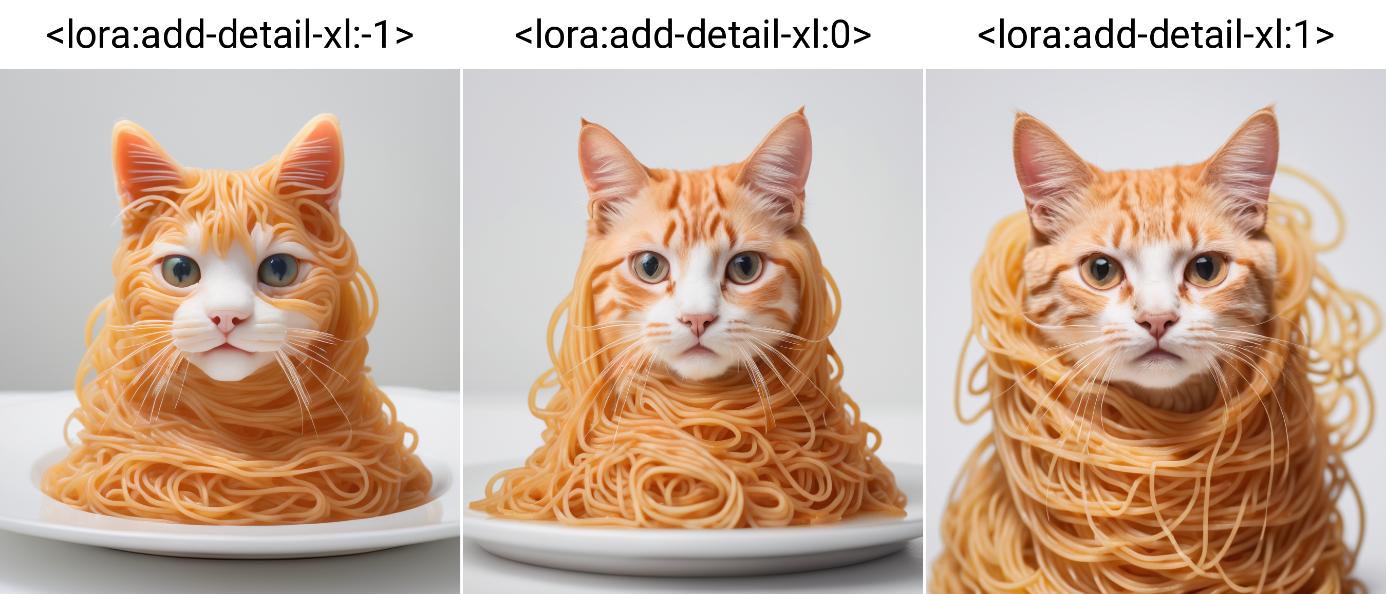 cat made of spaghetti, perfect composition, masterpiece, best quality, <lora:add-detail-xl:-1>