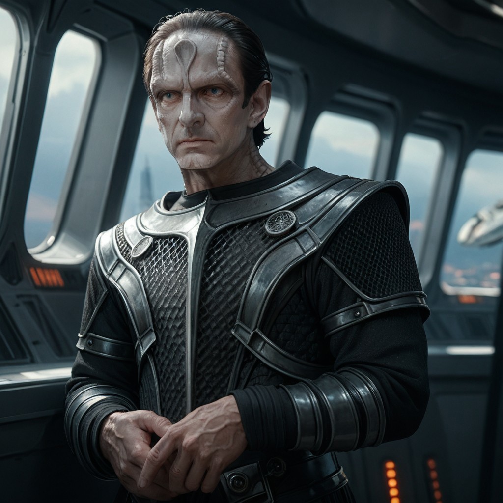 score_9, score_8_up, score_7_up, score_6_up, score_5_up, score_4_up, 1boy, Cardassian, solo, grey skin, black armor, in front of a spaceship window