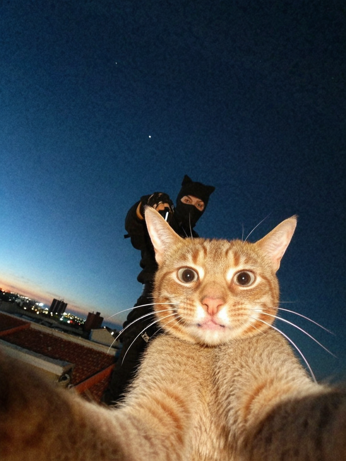 ninja cat takes selfie, standing on rooftop, stars in the sky, solo