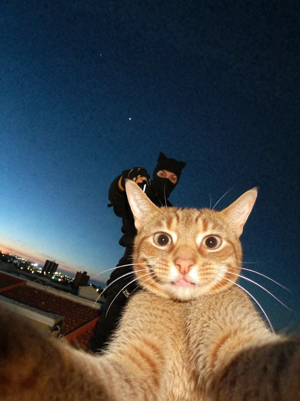 ninja cat takes selfie, standing on rooftop, stars in the sky, solo