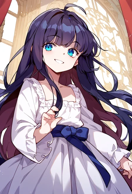 score_9,score_8_up,score_7_up,source_anime,zPDXL3,
*//*,<lora:BlancheFreidkin_v1.1:1>,blanche_freidkin1girl,flat chest,blue eyes,black hair,long hair,hair intakes,ahoge,white dress,
*//*,looking at viewer,cowboy shot,dutch angle,dynamic pose,smile,