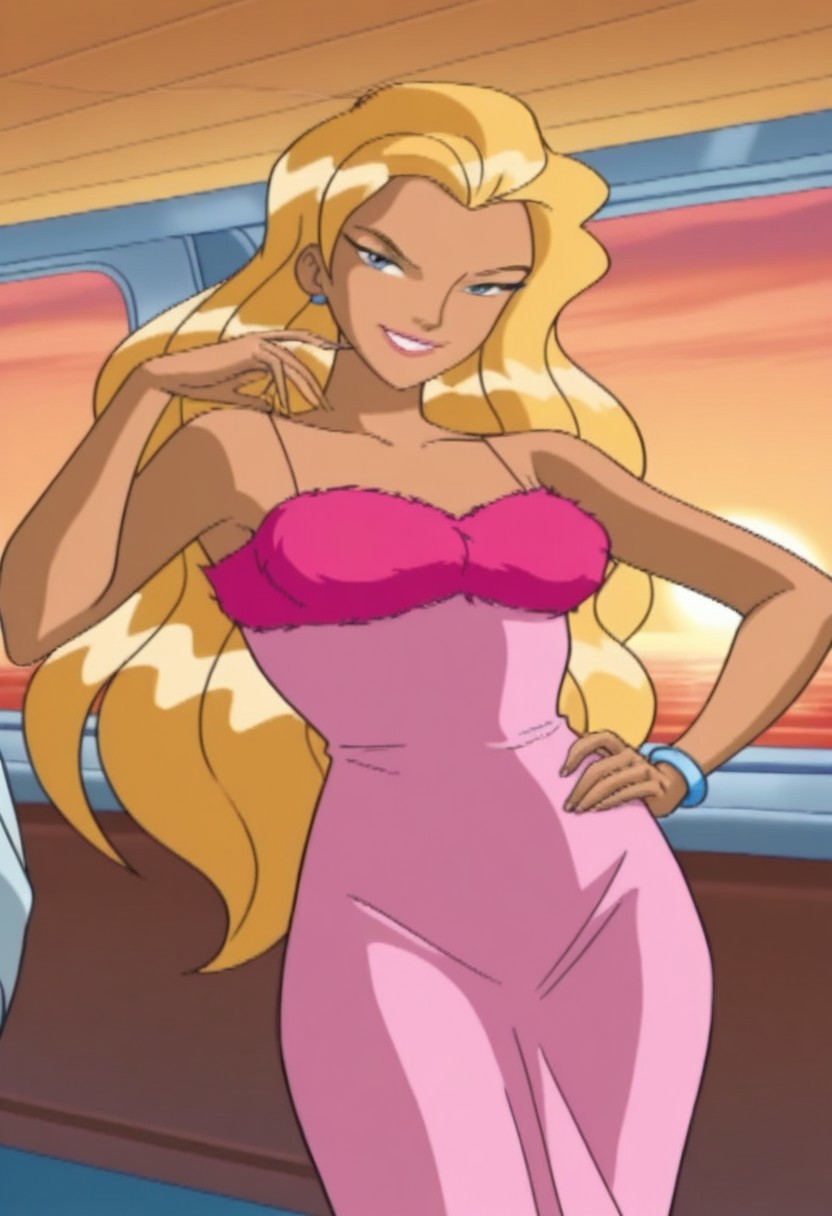 32k_uhd, fine details, intricate details, highest quality, perfect anatomy, perfect face, detailed face, detailed eyes, digital artwork, very aesthetic, concept art, masterpiece, best quality, amazing quality, ultra-HD, high resolution, ultra-detailed, absurdres, illustrative, highly detailed, detailed eyes, detailed hair,
snnyd@y_totally_spies, blue eyes, blonde hair, long hair, wavy hair, voluminous hair, beautiful, close up, seductive smile, smilling, happy, enjoying, pink dress, long dress, bracelets, covered legs, detailed background, pinup, sexy pose, cowboy shot, standing, looking at the viewer, on the cruise ship, sunset,