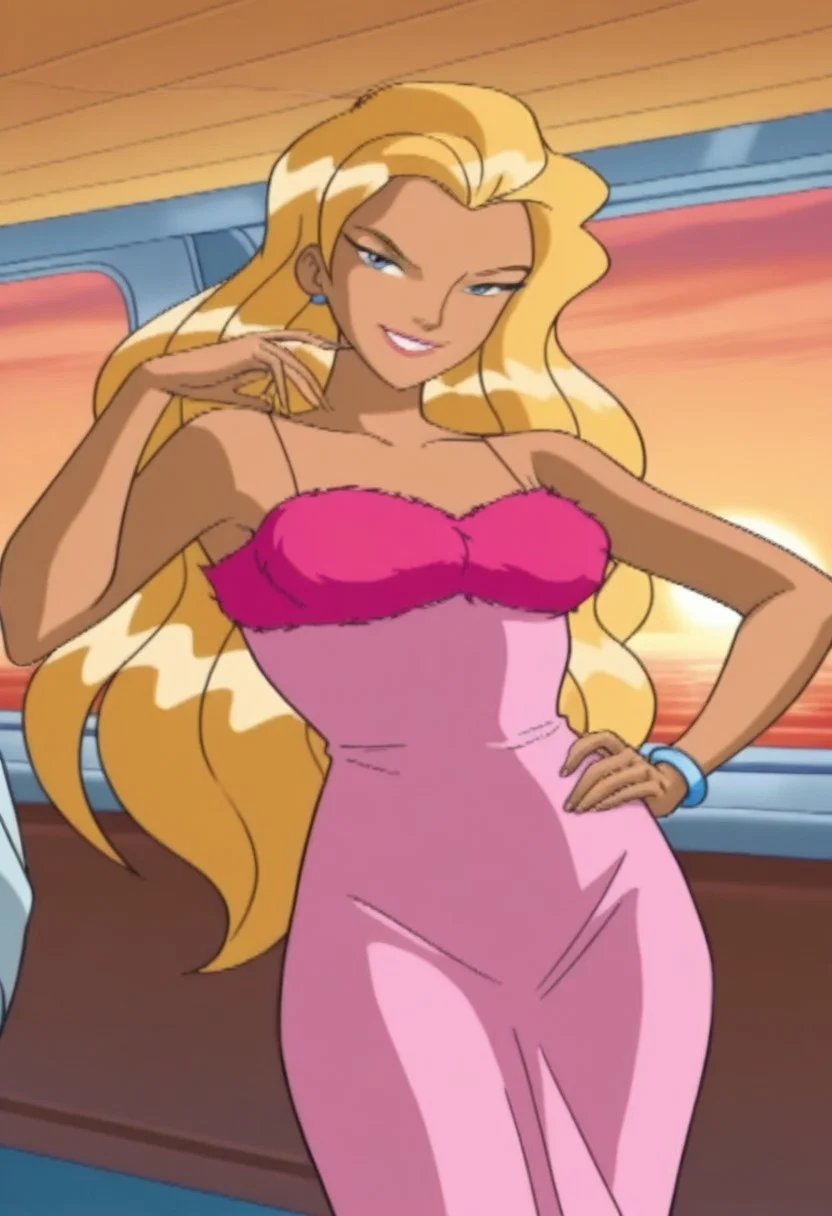 32k_uhd, fine details, intricate details, highest quality, perfect anatomy, perfect face, detailed face, detailed eyes, digital artwork, very aesthetic, concept art, masterpiece, best quality, amazing quality, ultra-HD, high resolution, ultra-detailed, absurdres, illustrative, highly detailed, detailed eyes, detailed hair,
snnyd@y_totally_spies, blue eyes, blonde hair, long hair, wavy hair, voluminous hair, beautiful, close up, seductive smile, smilling, happy, enjoying, pink dress, long dress, bracelets, covered legs, detailed background, pinup, sexy pose, cowboy shot, standing, looking at the viewer, on the cruise ship, sunset,