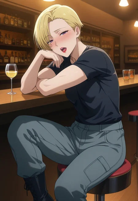 masterpiece, best quality, amazing quality, 1girl, solo, heidemarieww, mature female, purple eyes, blonde hair, short hair, lipstick, red lips, toned, small breasts, black shirt, short sleeves, grey pants, black boots, <lora:Barrow_Heidemarie_Bravern_ill:0.9>, sitting, alcohol, drunk, wineglass, holding wineglass, blush, open mouth, half-closed eyes, looking at viewer, indoors, bar \(place\), bar stool, skindentation, detailed clothing folds, depth of field, sharp, high contrast, dynamic light