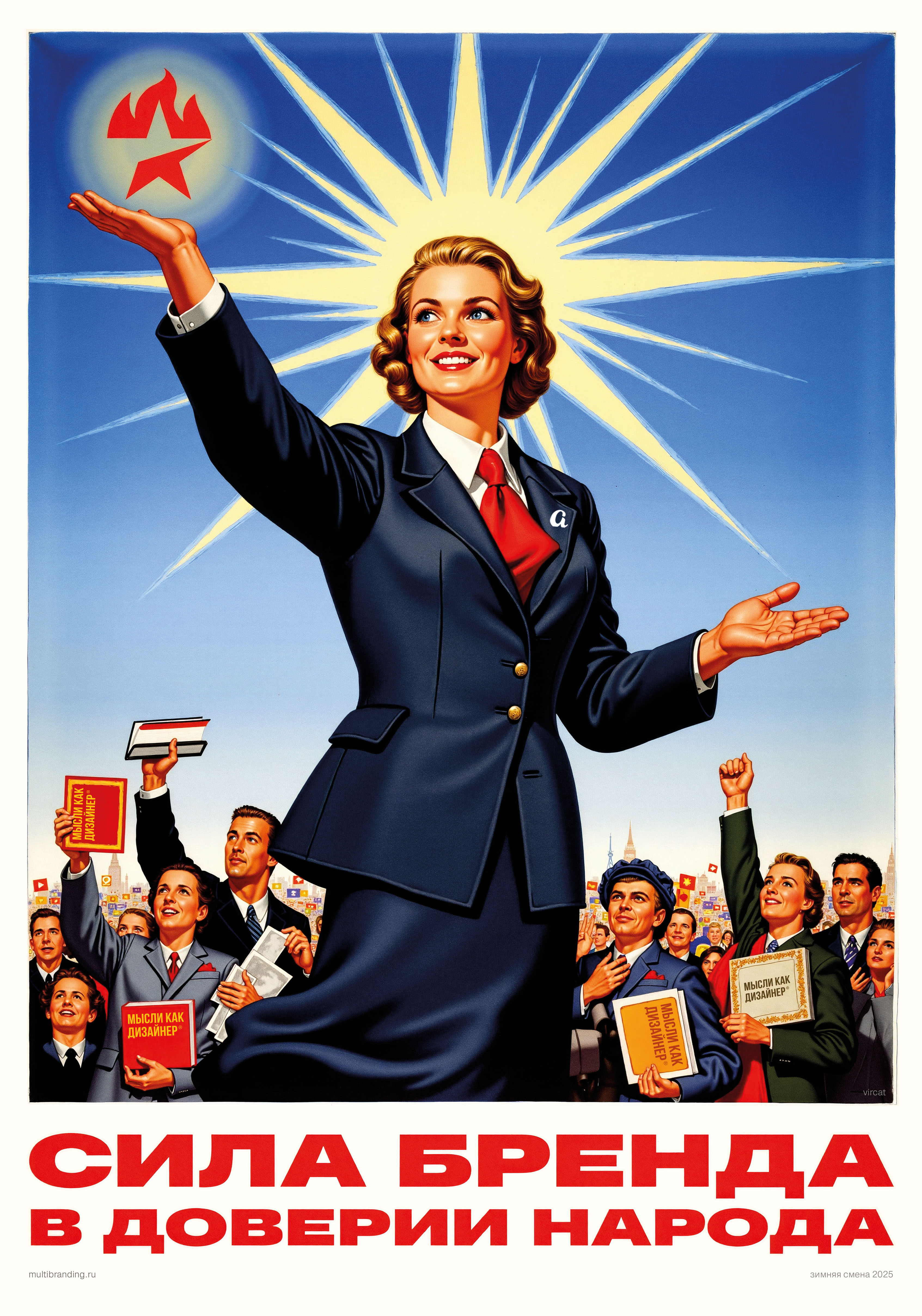 Soviet-style propaganda poster. The central figure is a confident curly-haired blonde woman, dressed in a sharp, tailored suit that radiates professionalism and authority. She stands tall with an inspiring expression, holding a shining emblem in her outstretched hand, symbolizing the strength and reliability of the brand. The backdrop is a gradient of radiant blue tones with stylized rays extending outward, emphasizing her as the beacon of trust and progress. Below her, a diverse crowd of people looks up with expressions of admiration and hope, holding tools, books, and products, representing the nation's trust in the brand. A bold constructivist slogan reads: "The Strength of a Brand Lies in People's Trust!"