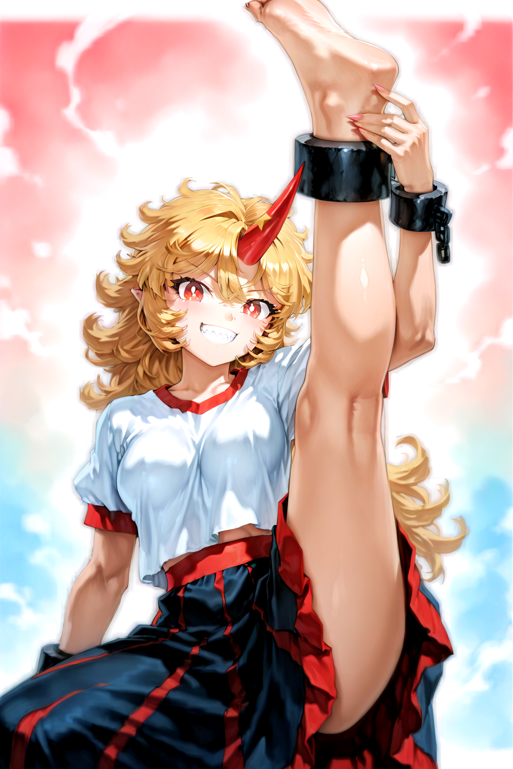 munakata_(sekimizu_kazuki):1.2,mogudan:0.7, hamada_yoshikazu:0.8 ,toriyama_akira_(style):1.1,kugara4423:1.2,touhou ,hoshiguma_yuugi , highres ,1girl ,black_skirt, blonde_hair, breasts ,bright_pupils ,cuffs ,horns,  long_hair ,looking_at_viewer, medium_breasts, open_mouth, red_eyes ,red_horns, shackles ,sharp_teeth ,shirt, short_sleeves ,single_horn ,skirt ,long skirt, solo, teeth,white_shirt, messy_hair , ^_^ ,fingernails ,grin ,hands,oni ,smile, solo,sharp_teeth,sharp_fingernails , feet, feet focus, spiked_hair ,sharp_toenails , leg_up , squatting , one leg raise up,toe,  leg_lift, muscular, muscular_female,cowboy_shot <lora:touhou_146:0.5>,<lora:illustrious_noobai_epsilon_pred_1_best_quality_v1:0.7> ,<lora:illustrious_noobai_epsilon_pred_1_masterpieces_v1:0.7>, <lora:ponyv4_noob1_2_adamW:0.5>, <lora:add_details_xl:0.7>