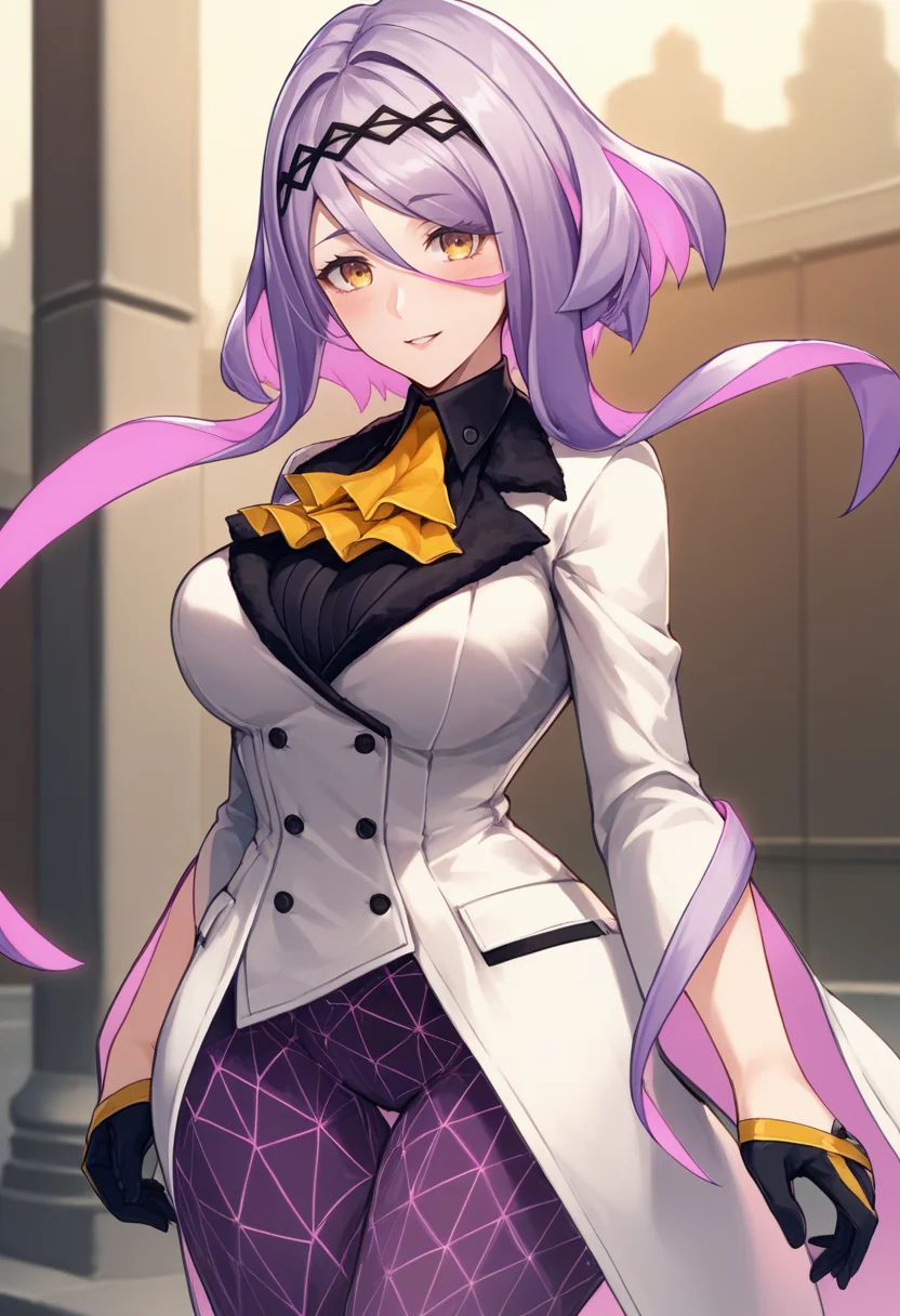 score_9, score_8_up, score_7_up, source_anime BREAK 1girl, solo, <lora:figue-sh2-richy-v1_pdxl:1> figue, yellow eyes, purple hair, medium hair, multicolored hair, hairband, hair between eyes, sidelocks, yellow ascot, white coat, black shirt, half gloves, black gloves, purple leggings, parted lips, looking at viewer, blush, long sleeves, large breasts, smile, standing, wide hips,