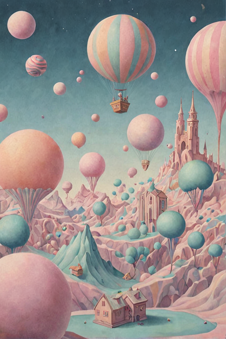 A dreamscape where gravity bends and objects float in mid-air, painted in soft pastel hues