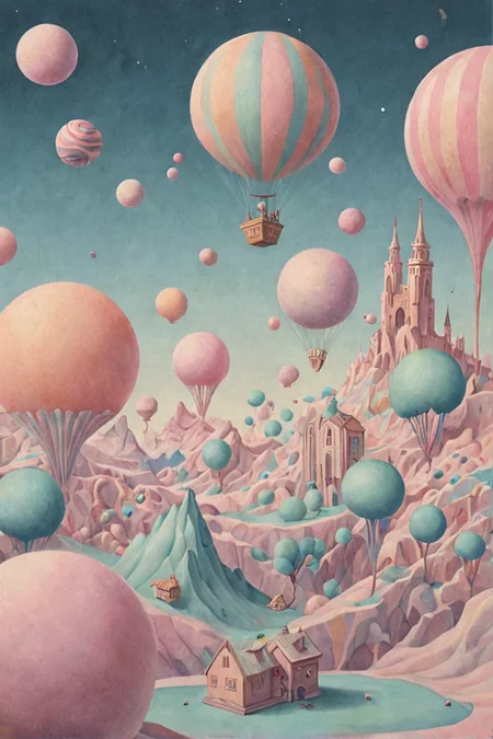 A dreamscape where gravity bends and objects float in mid-air, painted in soft pastel hues