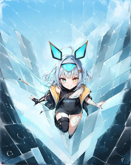 score_9, score_8_up, score_7_up, source_anime, anime, BREAK, best quality, very aesthetic, crisp image, absurdres, hotfiy, <lora:sayusincronisityponyXL:1>, 1girl, sayusincronisity, tattoo, smile, falling, sky, cracked glass, motion lines, from above,