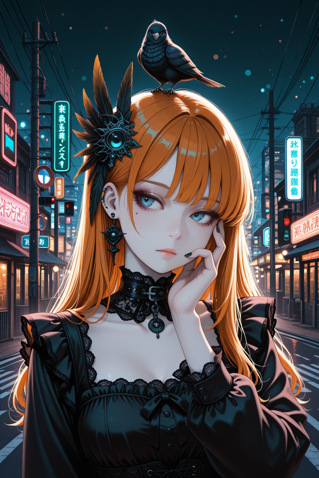 embedding:lazypos, 1girl, solo, ginger hair, long hair, bangs, blue eyes, detailed eyes, eyelashes, mole under eye, makeup, mascara, expressionless, head tilt, looking to the side, feathered hair ornament, pale skin, earrings, piercing, goth fashion, frilled dress, square neckline, detached high collard, hand up, fingernails, nail polish, nail art, hand touching own cheek, lace trim, collar bones, dark theme,spot light, animal, bird perched on head, upper body, straight on, solo focus,outdoors, traffic light, power lines, utility pole, road sign,  modern cityscape, city lights, neon signs, nightlife, scenery, from side, vanishing point, bokeh lights, by tsuzuri (tuzuri), by zummy <lora:TrendCraft_The_Peoples_Style_Detailer-v1.0A-3_13_2025-illustrious:0.6>