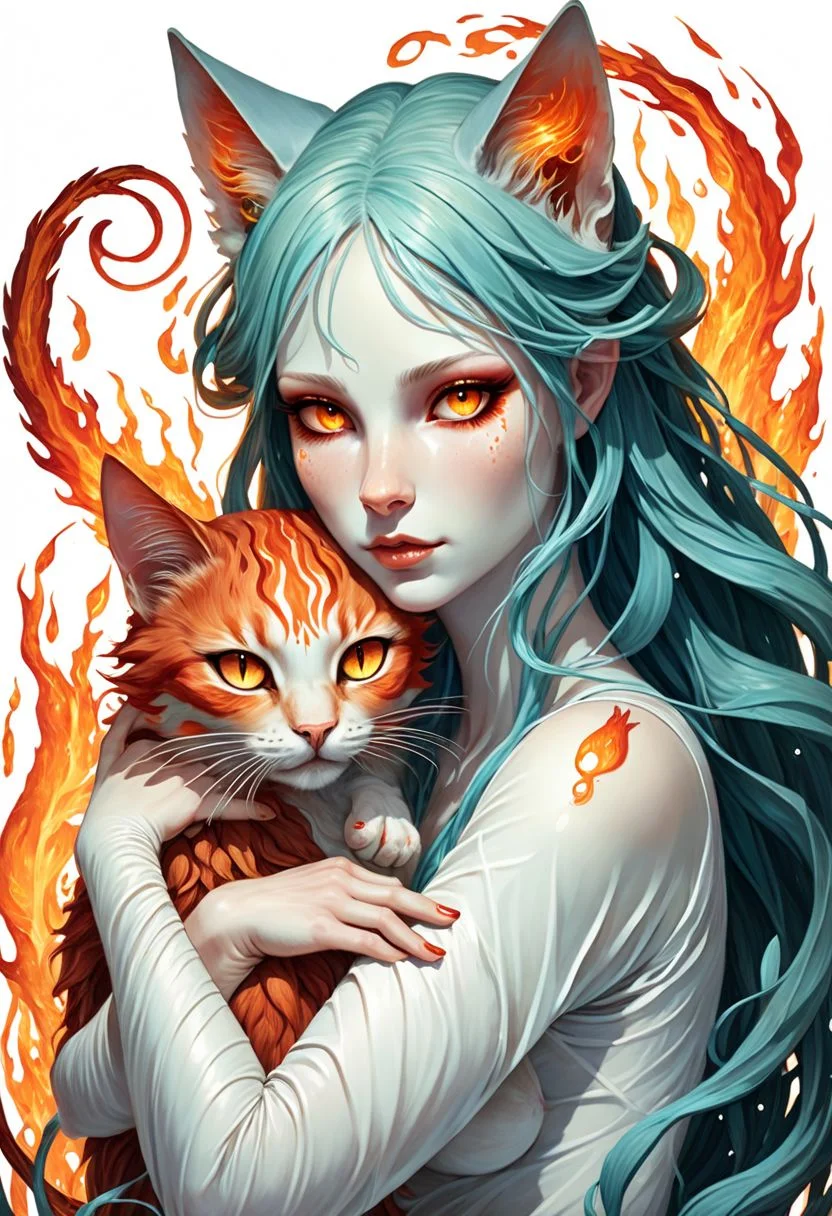 A water nymph with fiery eyes holding and petting an earthen cat