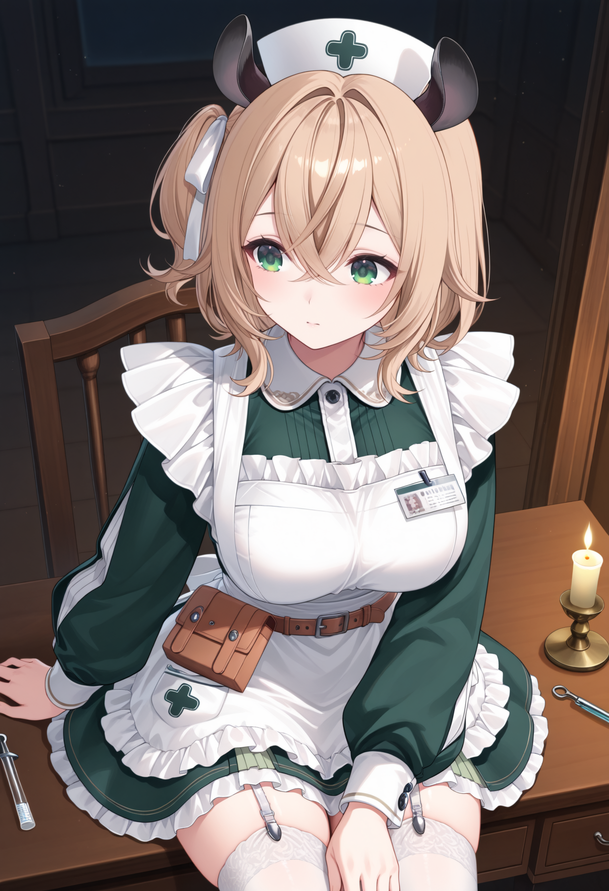general, masterpiece, best quality, 1girl, solo, BREAK
(dimly lit medical office, antique furniture, scattered medical tools), (sitting at a desk, flipping through an old patient file, soft candlelight glow), (mid-range shot, slightly high angle, cinematic framing), (thoughtful gaze, quiet intrigue, eerie professionalism),
BREAK
 <lora:Nimi Nightmare:1> blonde hair, tapir ears, green eyes, large breasts,
niminurse, frills, collared dress, green dress, puffy long sleeves, white apron, pocket, belt, belt pouch, white thighhighs, garter straps, nurse cap, white headwear, hair ribbon, white ribbon, name tag, 
medium hair, crossed bangs, side ponytail,