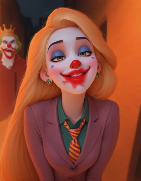 (masterpiece, best quality, ultra-detailed, absurdres, newest, detailed textures, correct anatomy:1), 1girl, joker \(dc\), (clown makeup, white face, smeared lipstick, red lipstick, facial mark, facepaint, blue makeup, red nose:1.3), upper body, solo, empty eyes, (impossible wide smile, crazy smile), half-closed eyes, staring, green shirt, collared shirt, red blazer, yellow boutonniere, loose necktie, striped necktie, multicolored hair, green hair, eerie atmospher, dark alley, complex background, night, <lora:smearedlipstick_IL:1>, smeared lipstick, dim lit <lora:All_Disney_Princess_-_Illustrious:0.5>, Rapunzel \(disney\), absurdly long hair, green eyes, blonde hair, crown, jewelry, earrings , <lora:AGPV1.1:1>, AGPV1.1, black background, orange theme